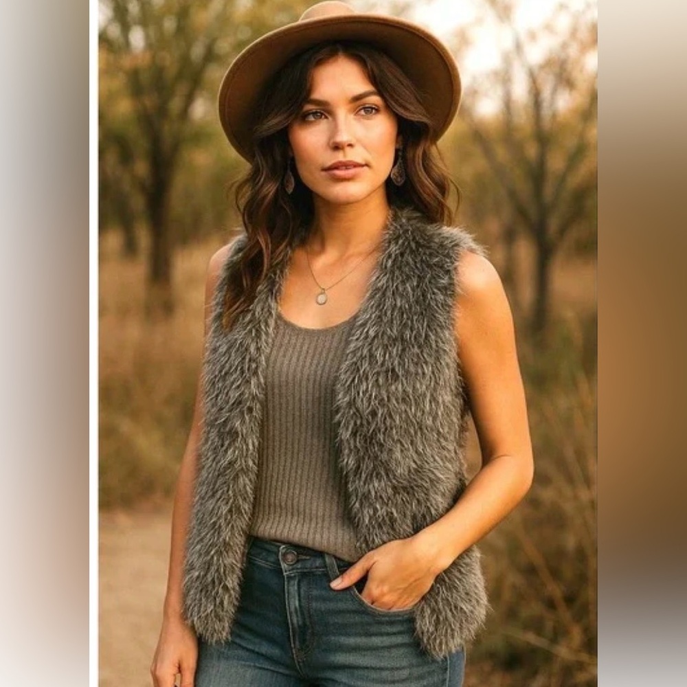 CAbi Faux Fur Brown Gray Vest Size XS‎